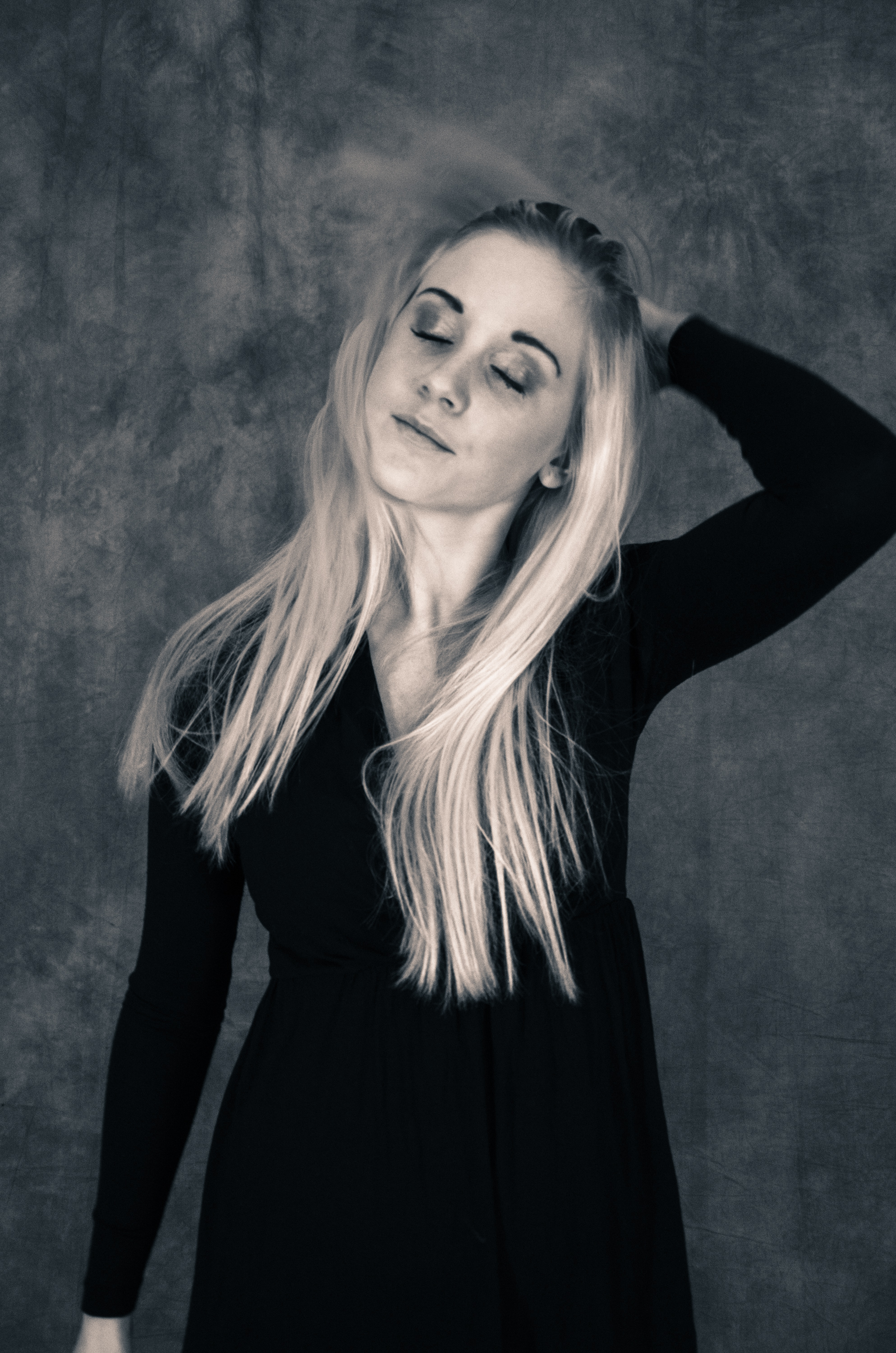blond long haired photo model Rebecka in monochrome